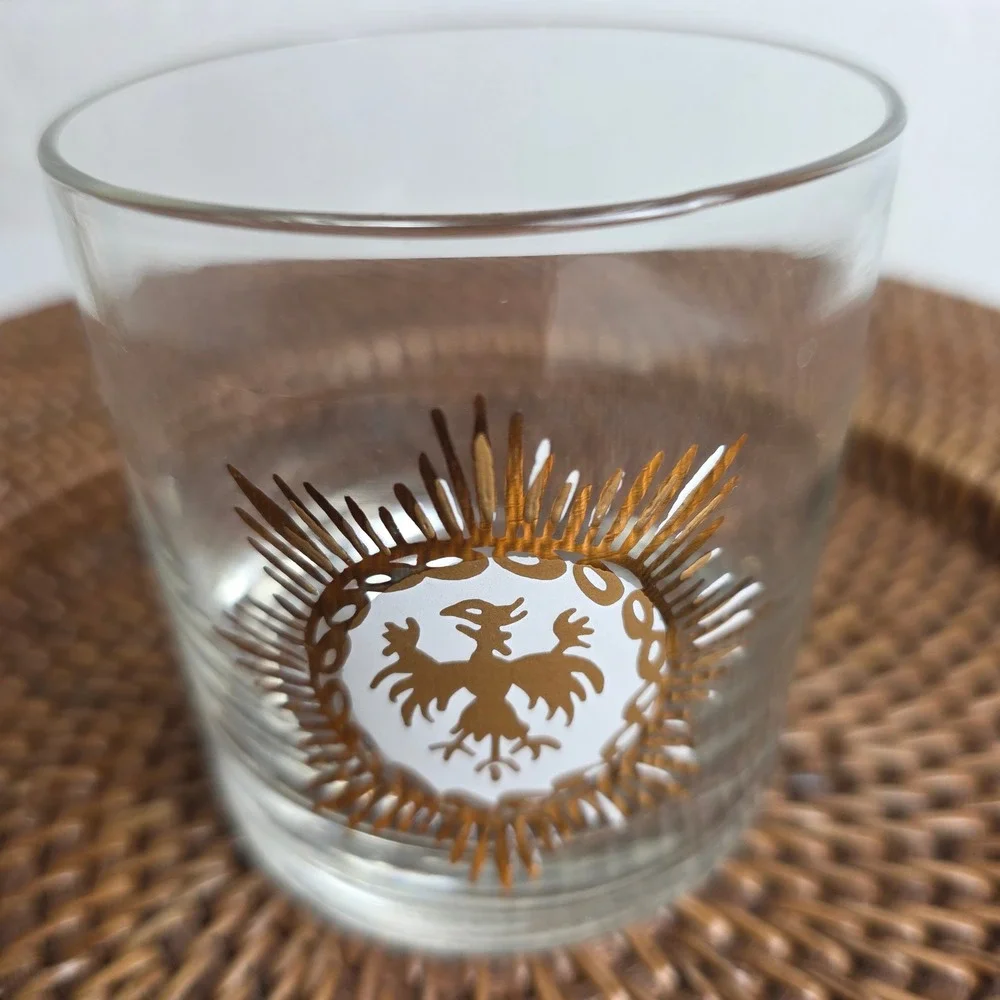Vintage Set of 5 Mid-Century Modern Gold Medallion Whiskey Glasses Colorful